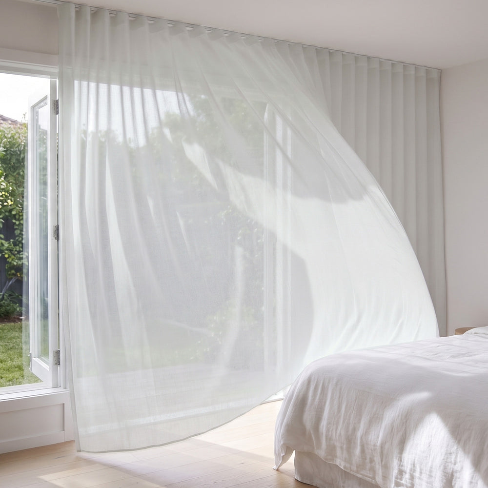 Graceful Sheer Curtain in Snow, S-fold on a ceiling track
