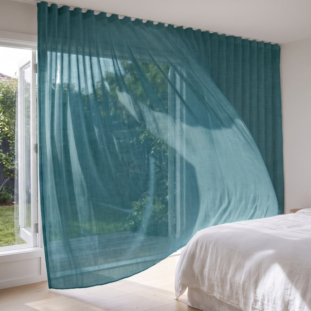 Graceful Sheer Curtain in Storm, S-fold on a ceiling track