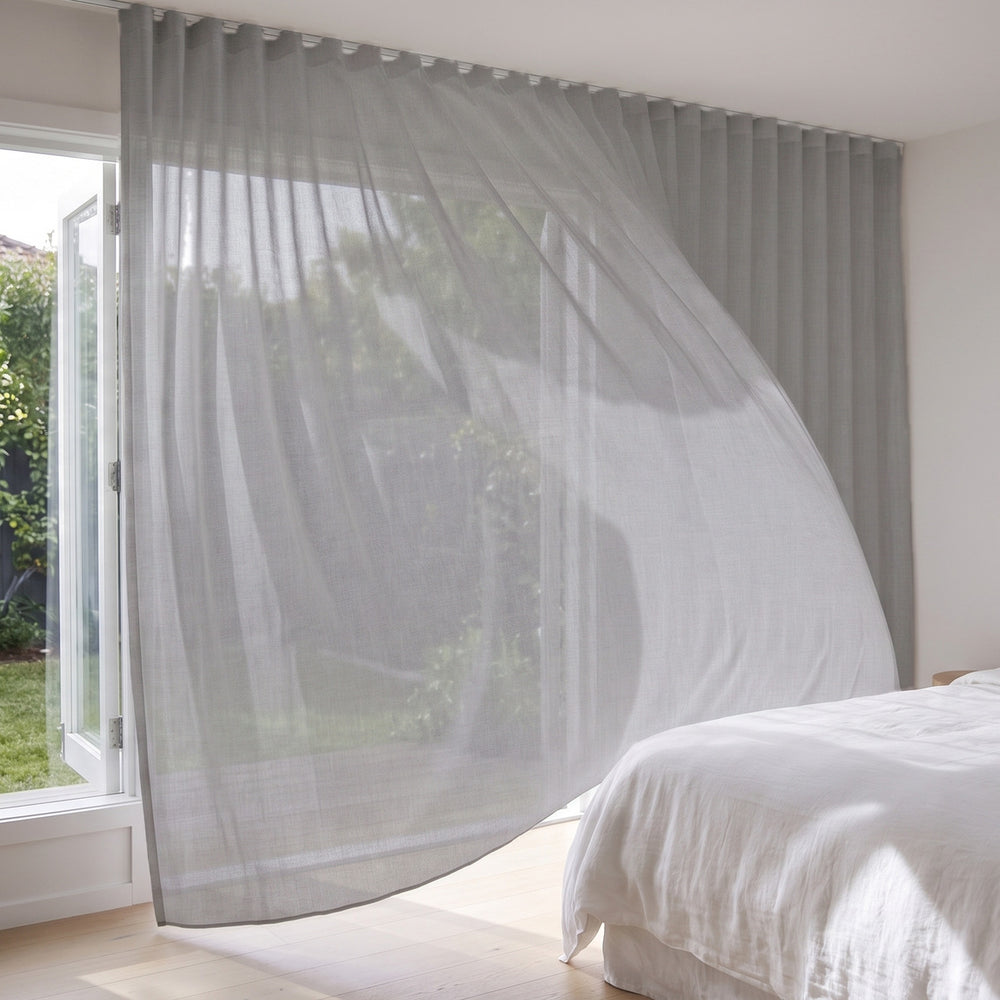 Graceful Sheer Curtain in Zinc, S-fold on a ceiling track