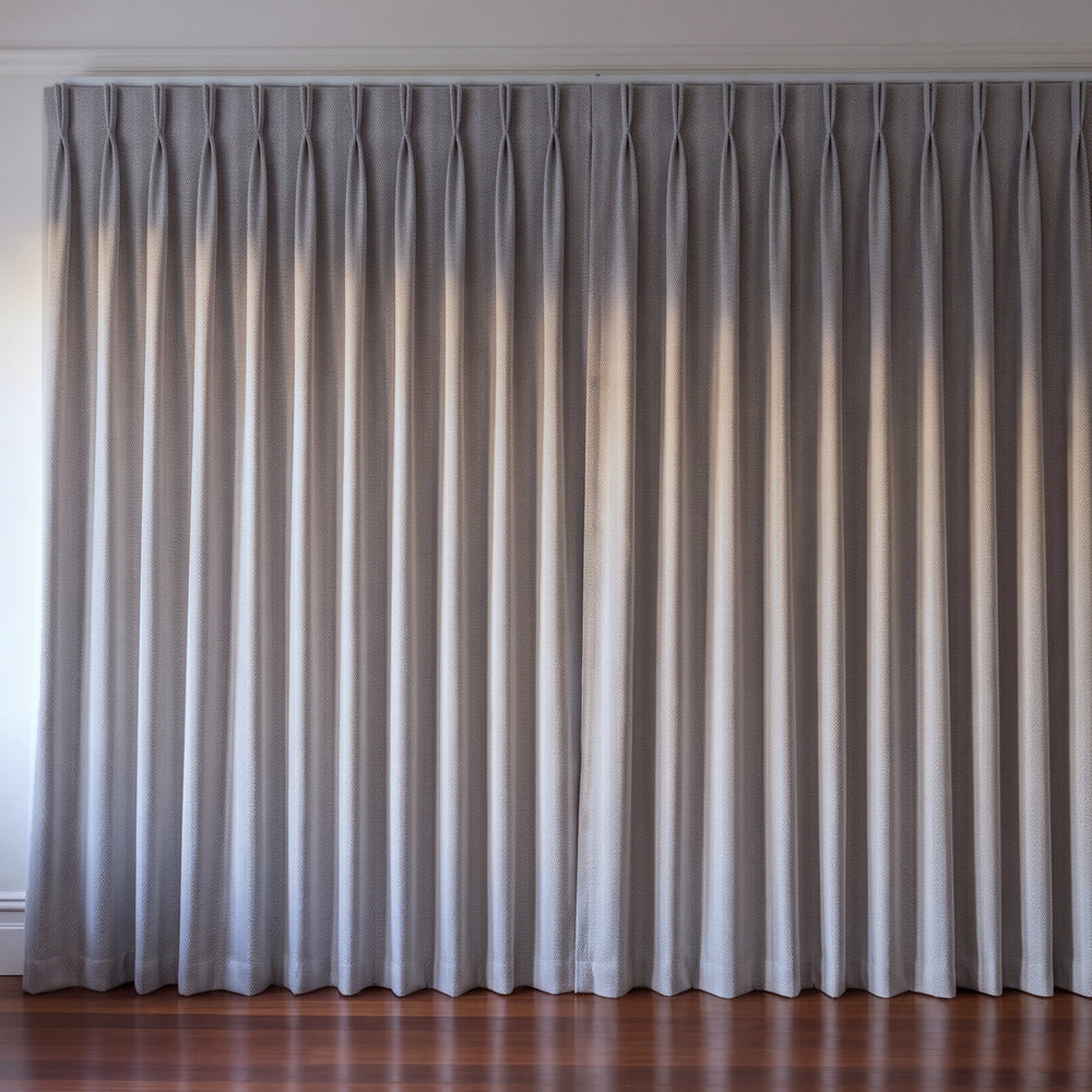Halifax Blockout Curtain in Ash, twin pleat on a ceiling track