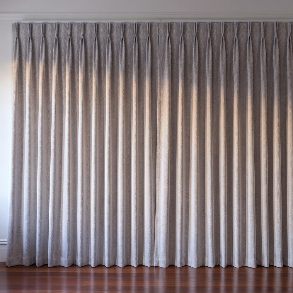 Halifax Blockout Curtain in Linen, twin pleat on a ceiling track