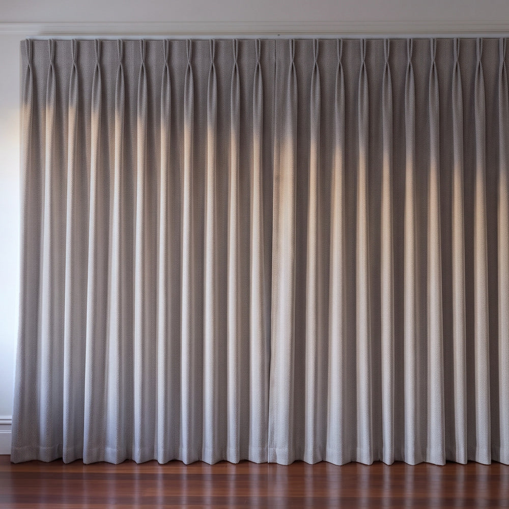 Halifax Blockout Curtain in Stone, twin pleat on a ceiling track