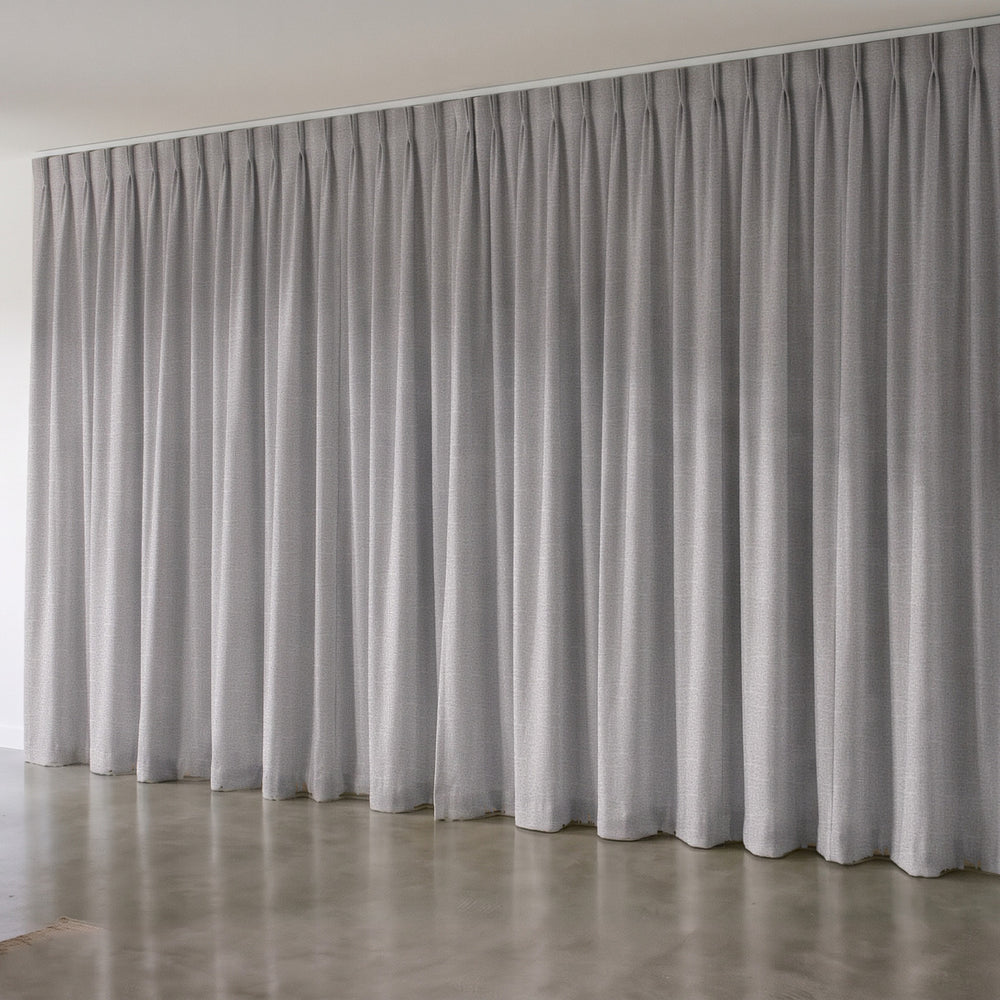 Harris Blockout Curtain in Ash, twin pleat on a ceiling track
