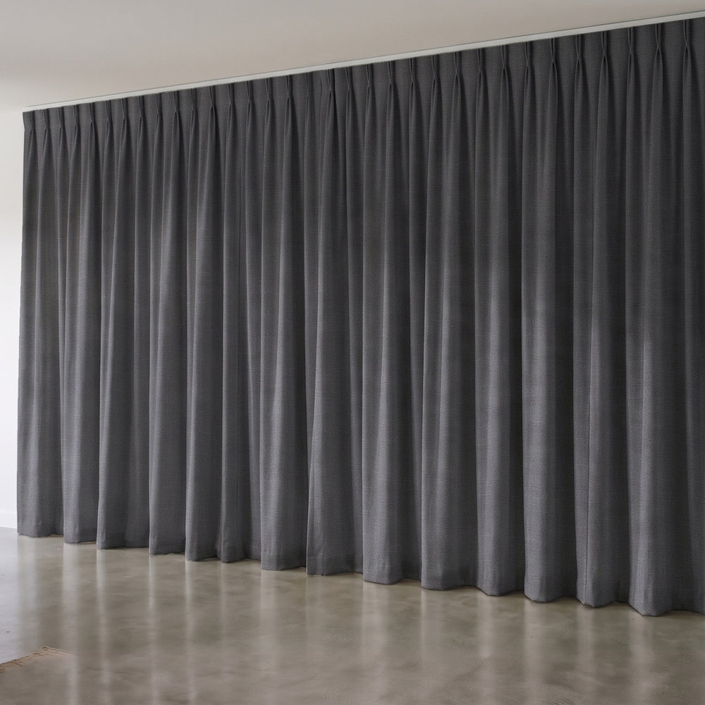 Harris Blockout Curtain in Charcoal, twin pleat on a ceiling track