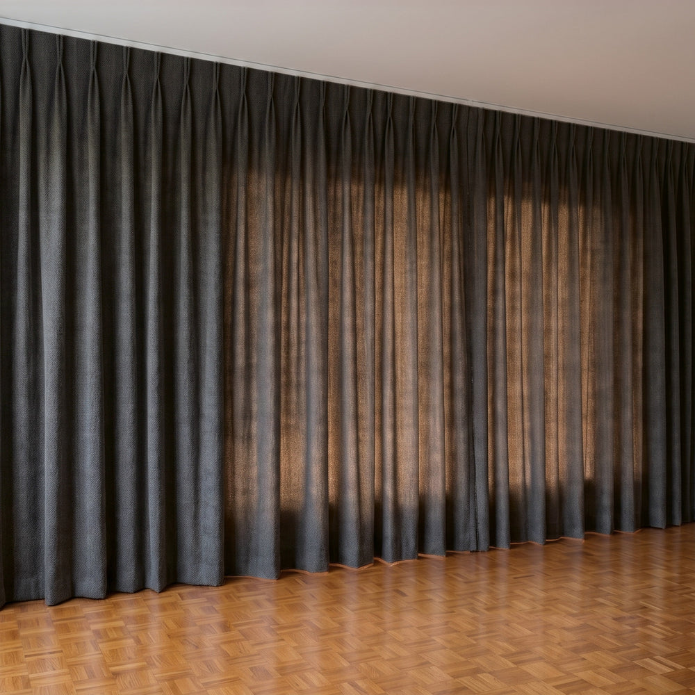 Havana Unlined Curtain in Charcoal, twin pleat on a ceiling track