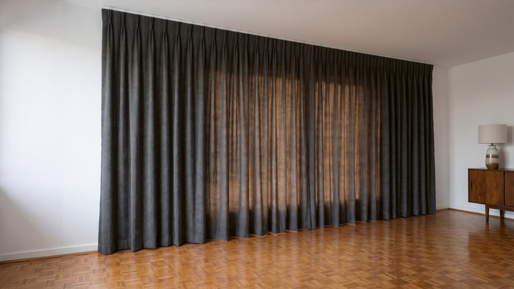 Havana Unlined Curtain in Charcoal, twin pleat on a ceiling track