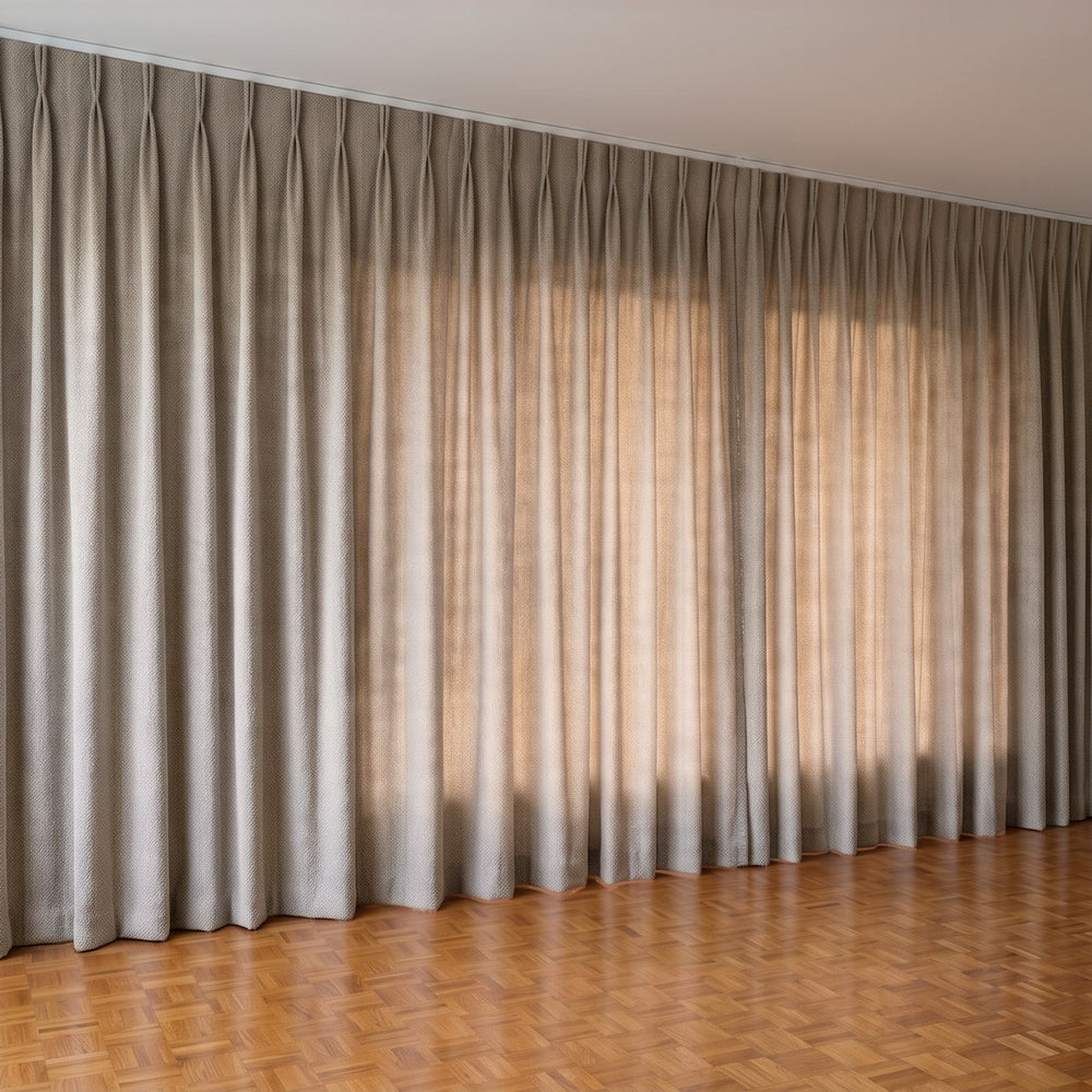 Havana Unlined Curtain in Donkey, twin pleat on a ceiling track