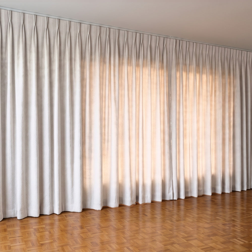 Havana Unlined Curtain in Ecru, twin pleat on a ceiling track