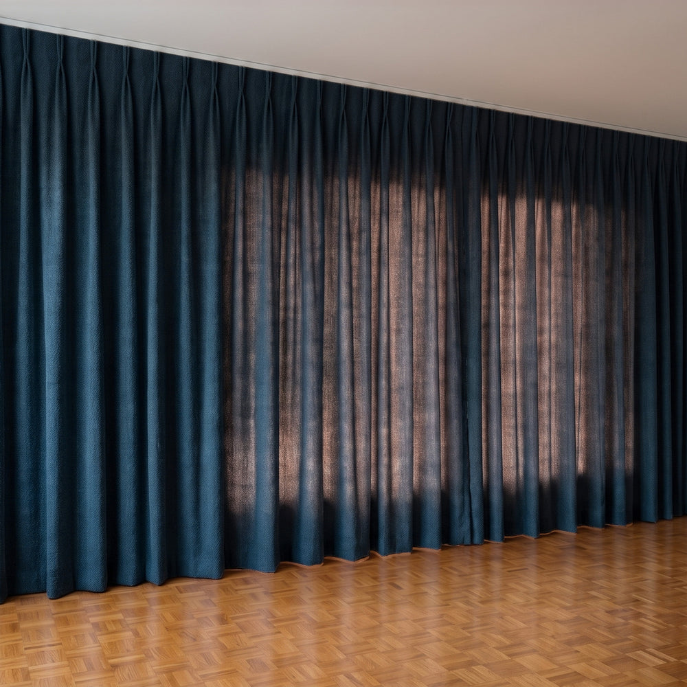 Havana Unlined Curtain in Ink, twin pleat on a ceiling track