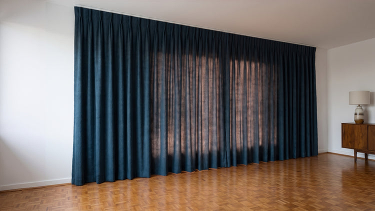 Havana Unlined Curtain in Ink, twin pleat on a ceiling track