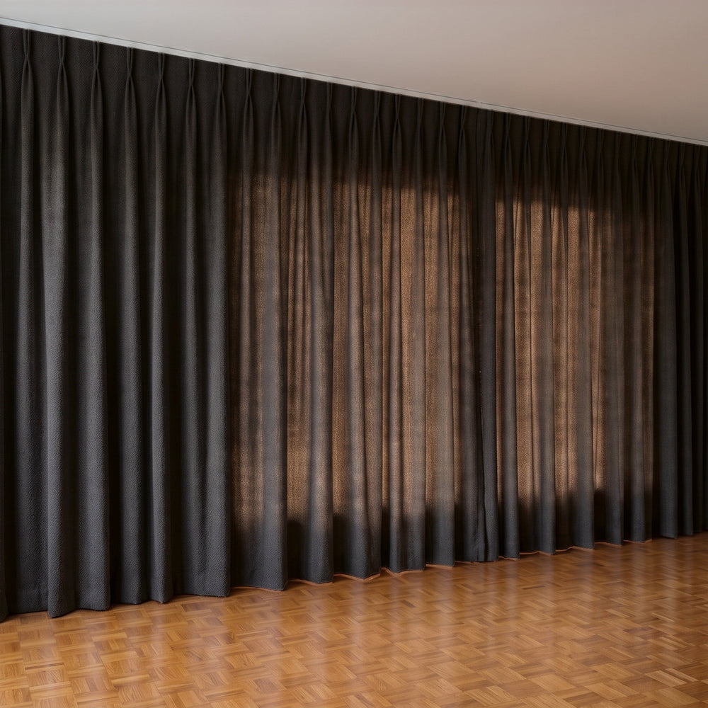 Havana Unlined Curtain in Onyx, twin pleat on a ceiling track