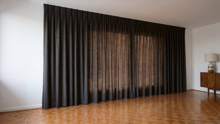 Havana Unlined Curtain in Onyx, twin pleat on a ceiling track