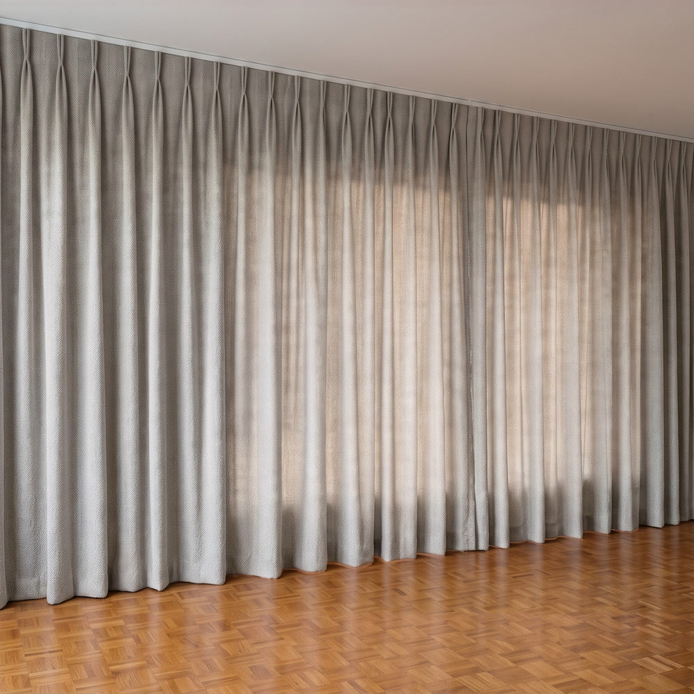 Havana Unlined Curtain in Smoke, twin pleat on a ceiling track