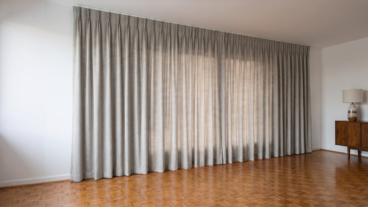 Havana Unlined Curtain in Smoke, twin pleat on a ceiling track
