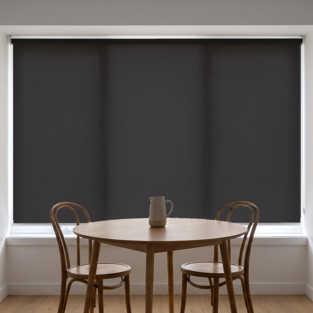 Jersey Light Filtering Roller Blind in Ember, recess fitted in a kitchen nook window
