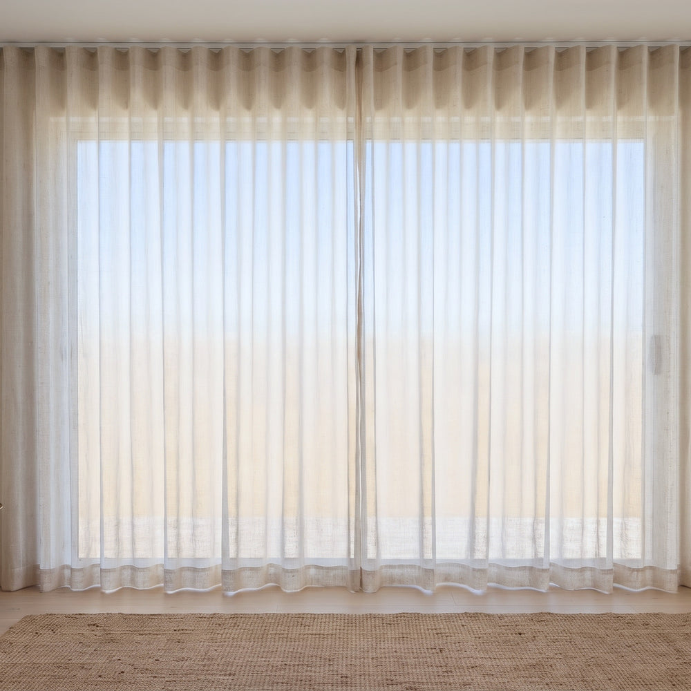 Lamu Sheer Curtain in Nougat, S-fold on a ceiling track