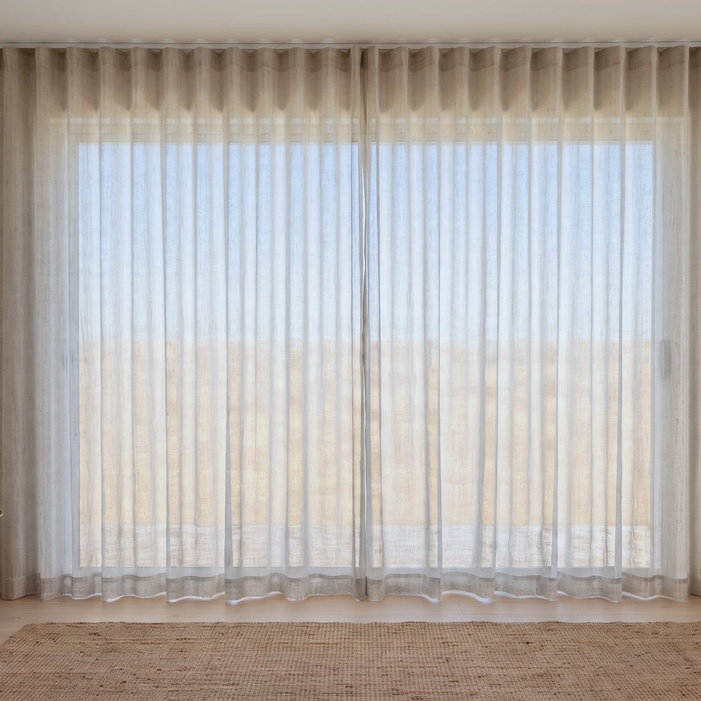 Lamu Sheer Curtain in Shale, S-fold on a ceiling track