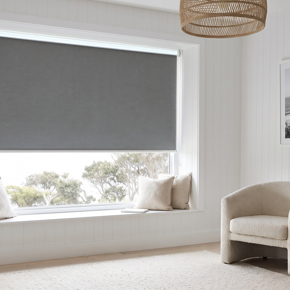 Linesque Blockout Roller Blind in Aspen, recess fitted in a living room window
