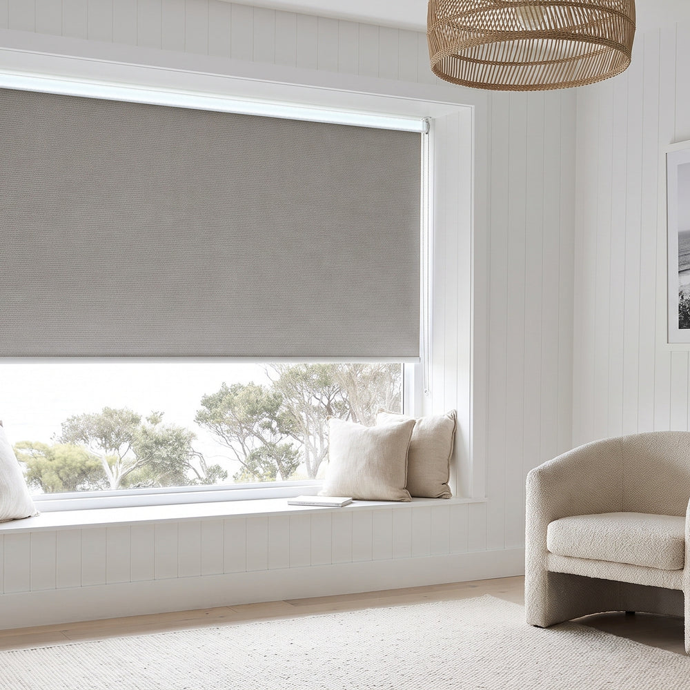 Linesque Blockout Roller Blind in Soba, recess fitted in a living room window