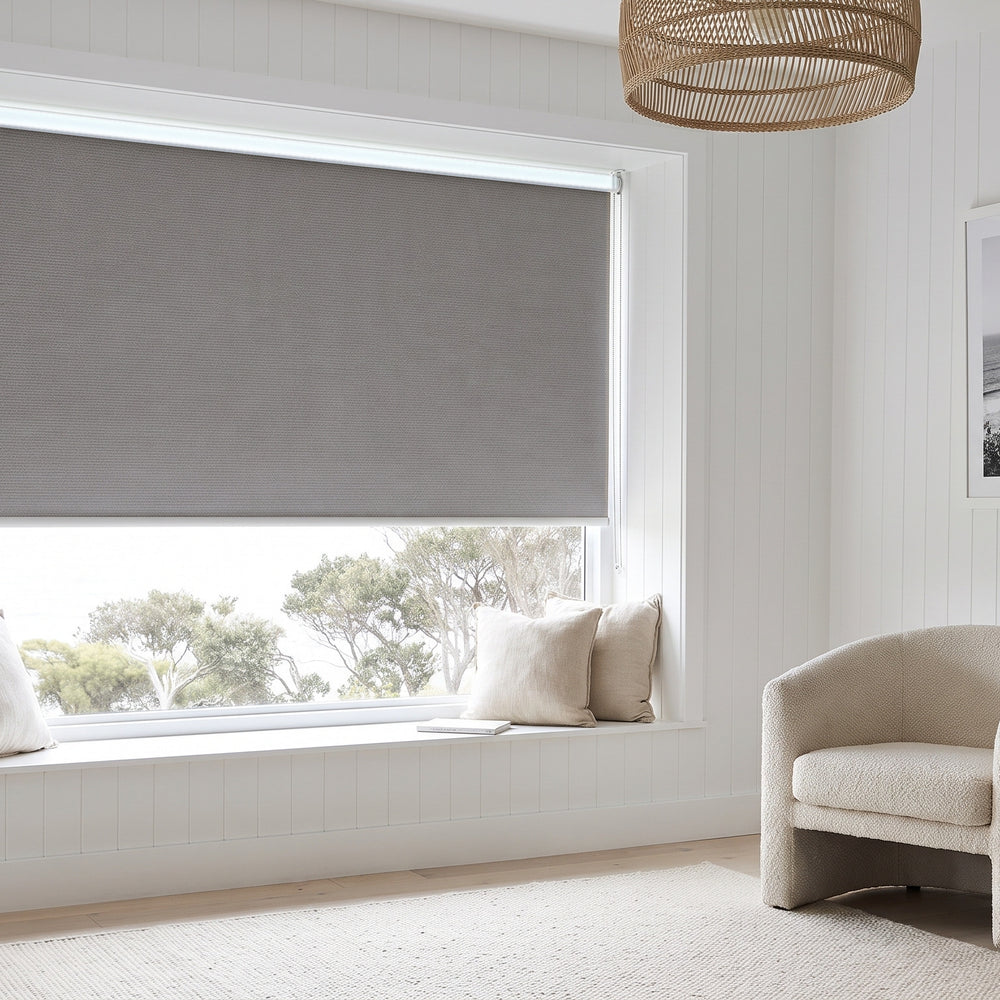 Linesque Blockout Roller Blind in Vine, recess fitted in a living room window