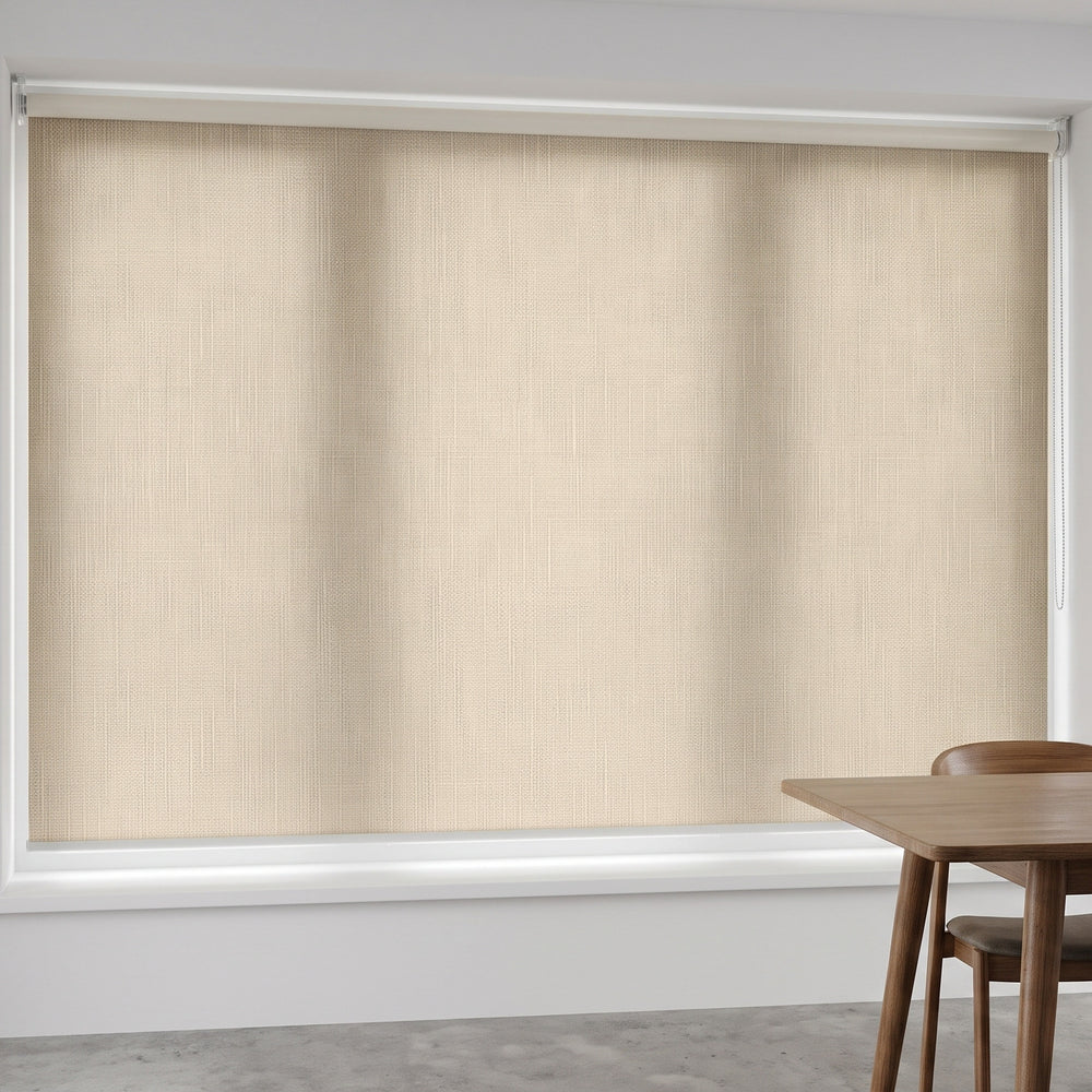 Linesque Light Filtering Roller Blind in Wicker, recess fitted in a dining room window