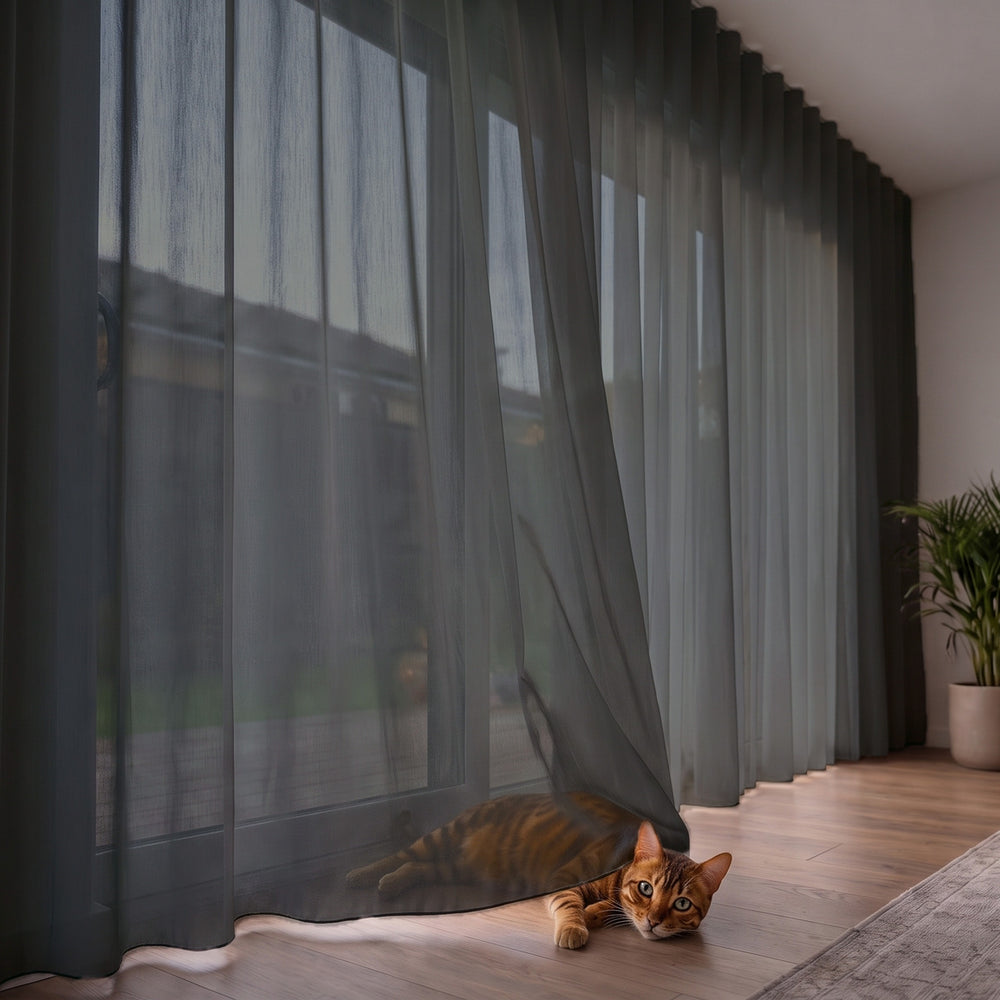 Lucern Sheer Curtain in Black, S-fold on a ceiling track