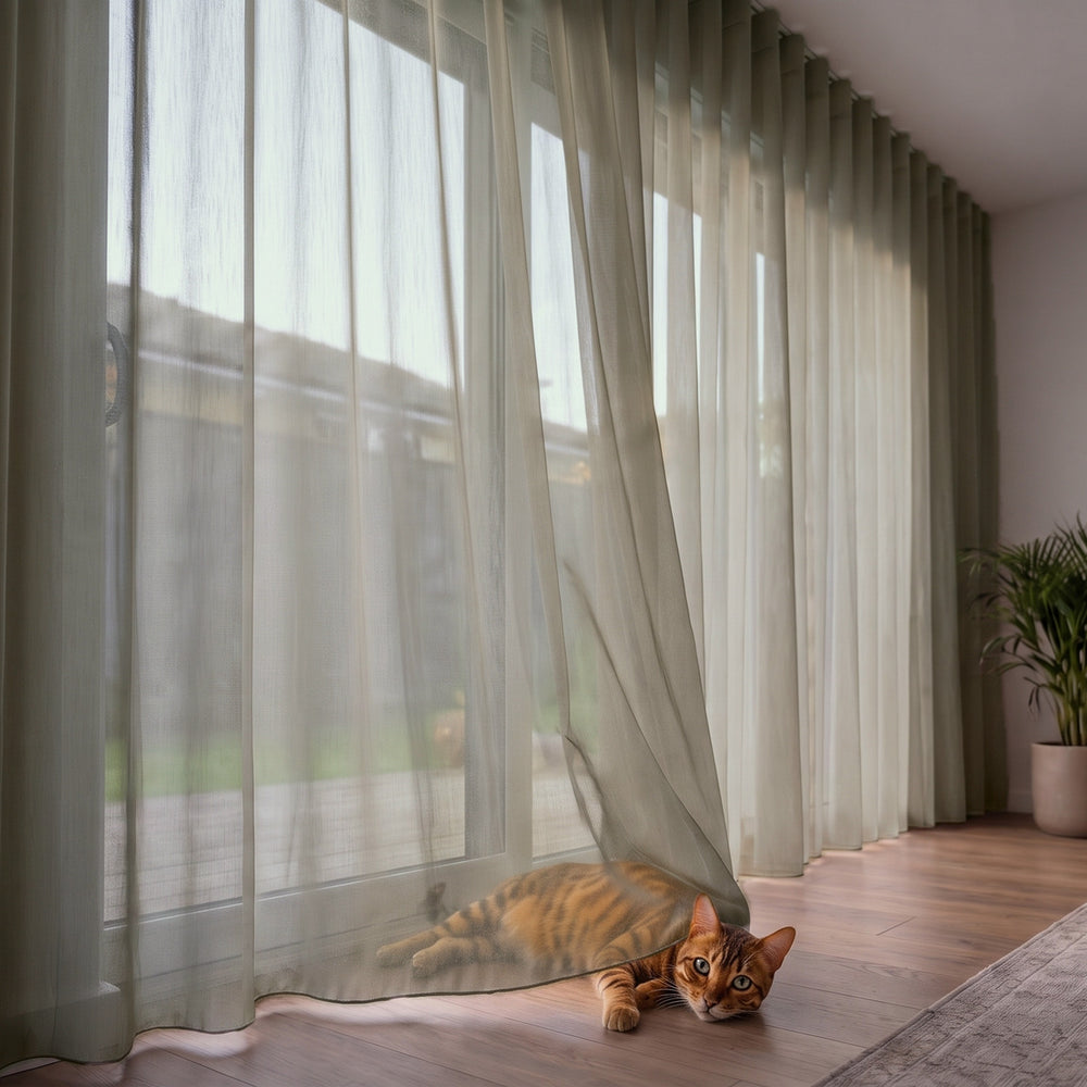 Lucern Sheer Curtain in Cobblestone, S-fold on a ceiling track