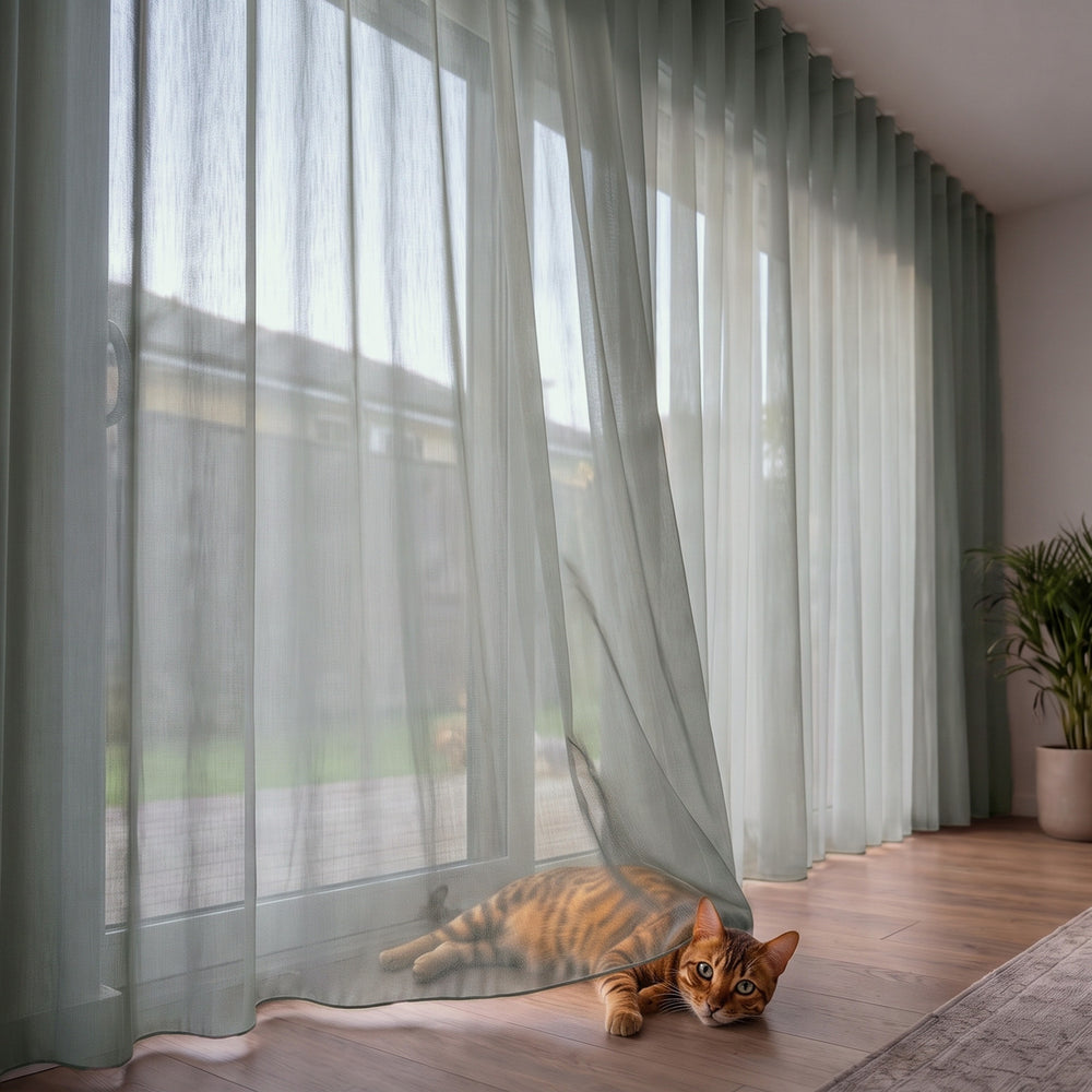 Lucern Sheer Curtain in Ice, S-fold on a ceiling track
