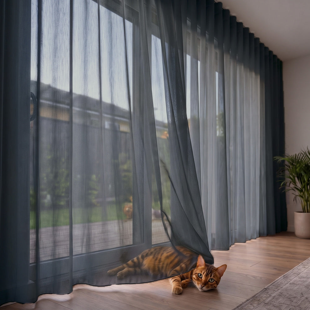 Lucern Sheer Curtain in Midnight, S-fold on a ceiling track