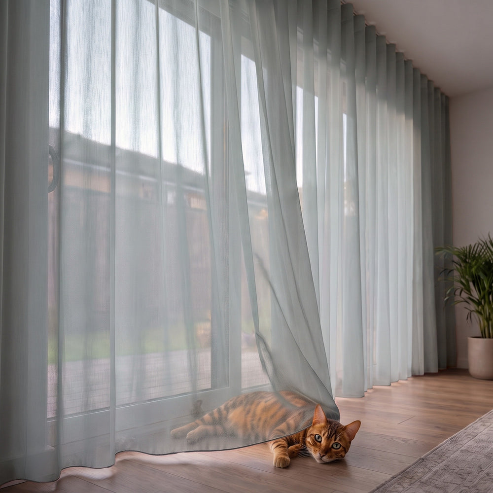 Lucern Sheer Curtain in Mist, S-fold on a ceiling track
