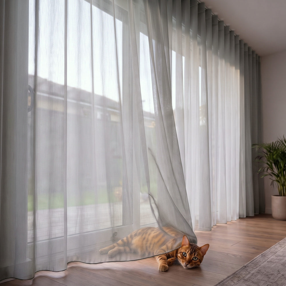 Lucern Sheer Curtain in Orchid, S-fold on a ceiling track