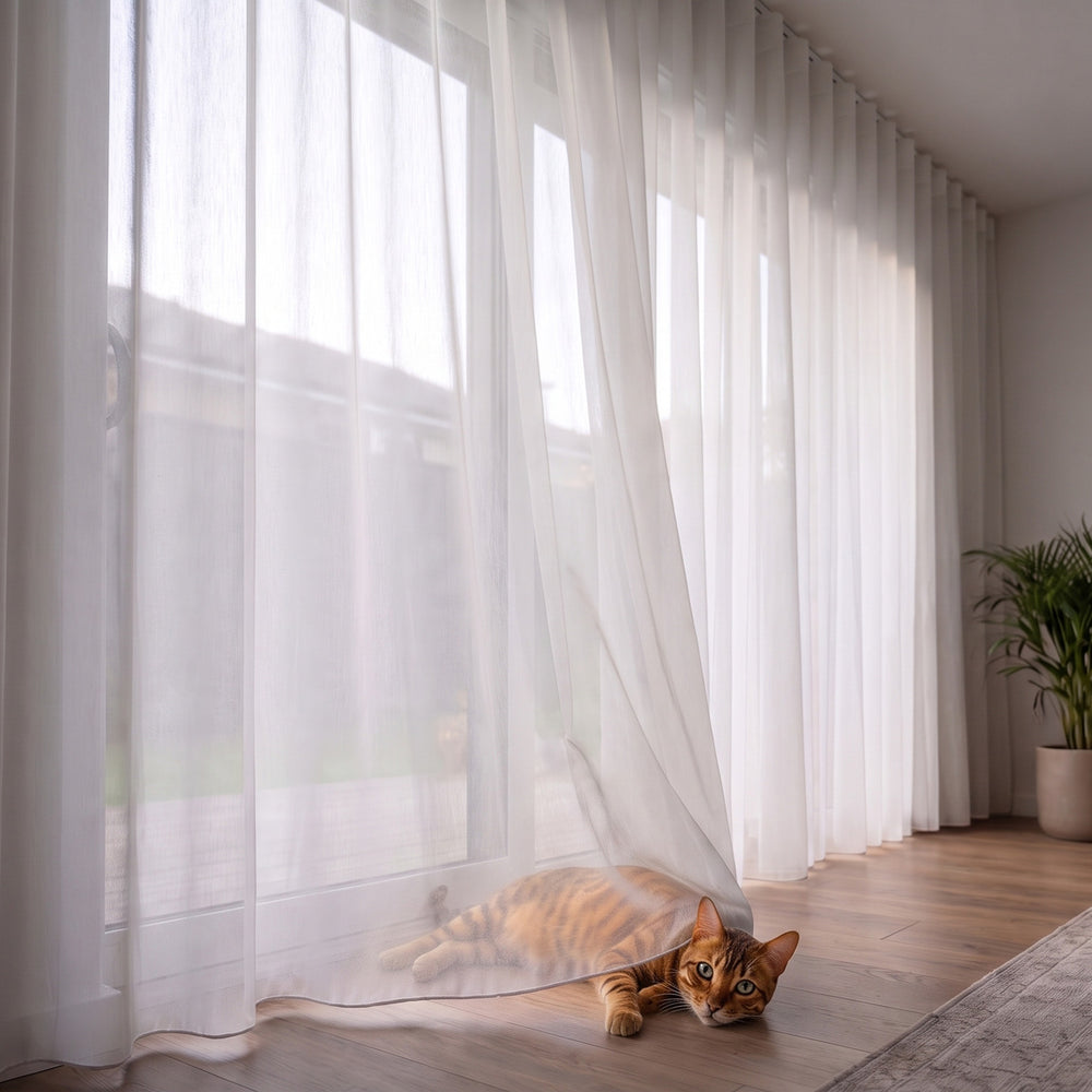 Lucern Sheer Curtain in Pearl, S-fold on a ceiling track