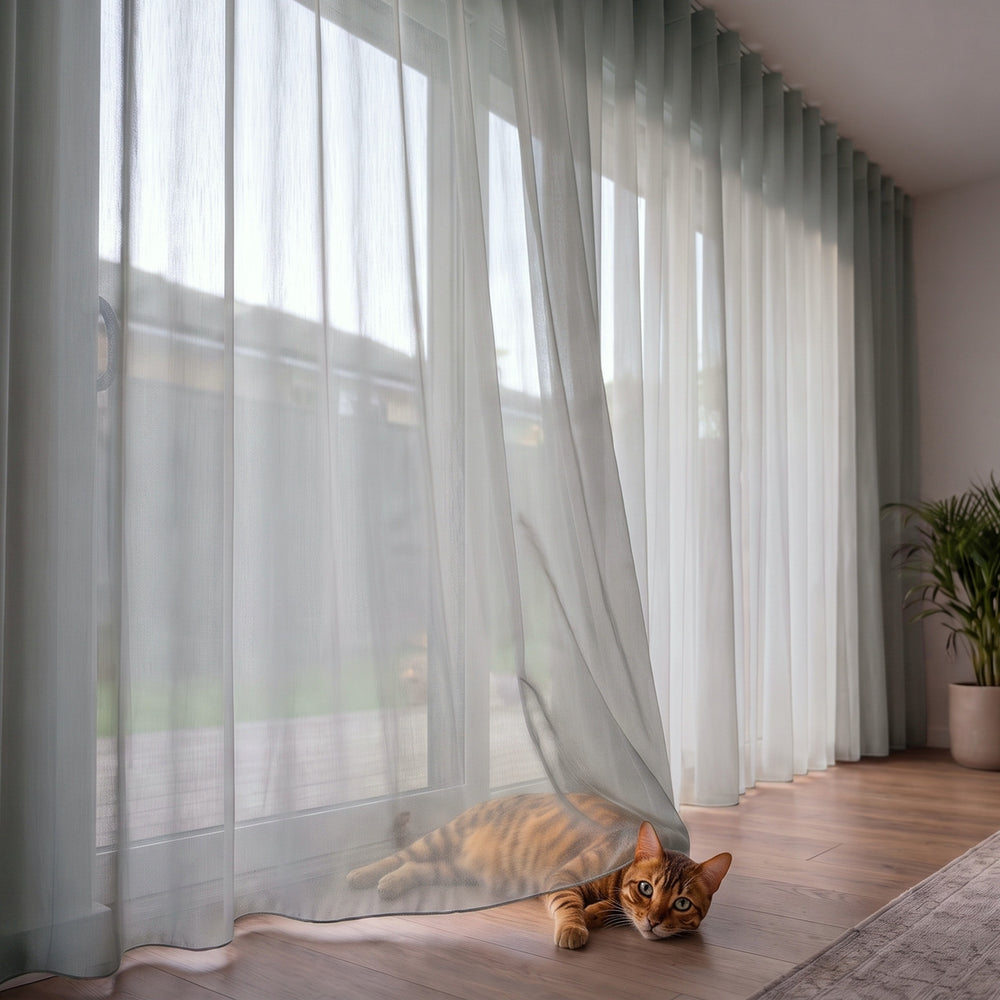 Lucern Sheer Curtain in Pewter, S-fold on a ceiling track