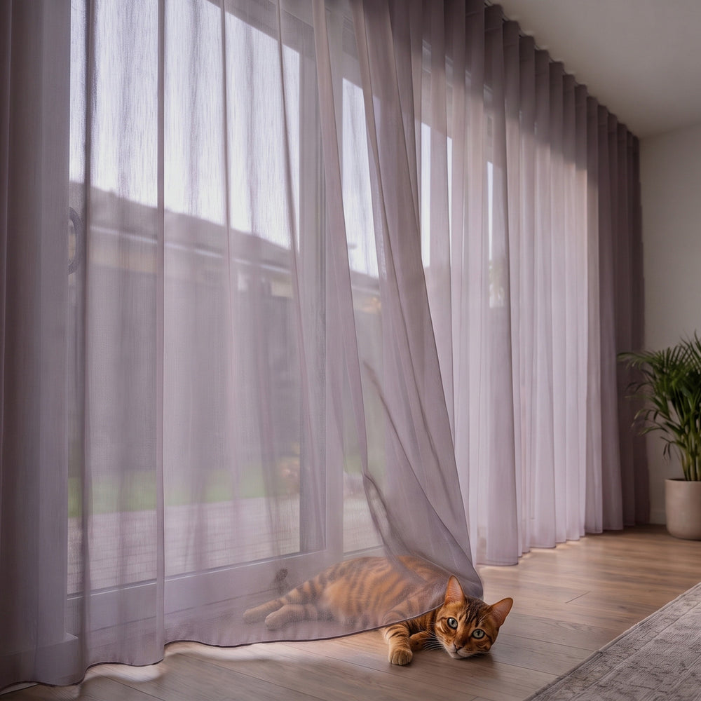Lucern Sheer Curtain in Pixie, S-fold on a ceiling track