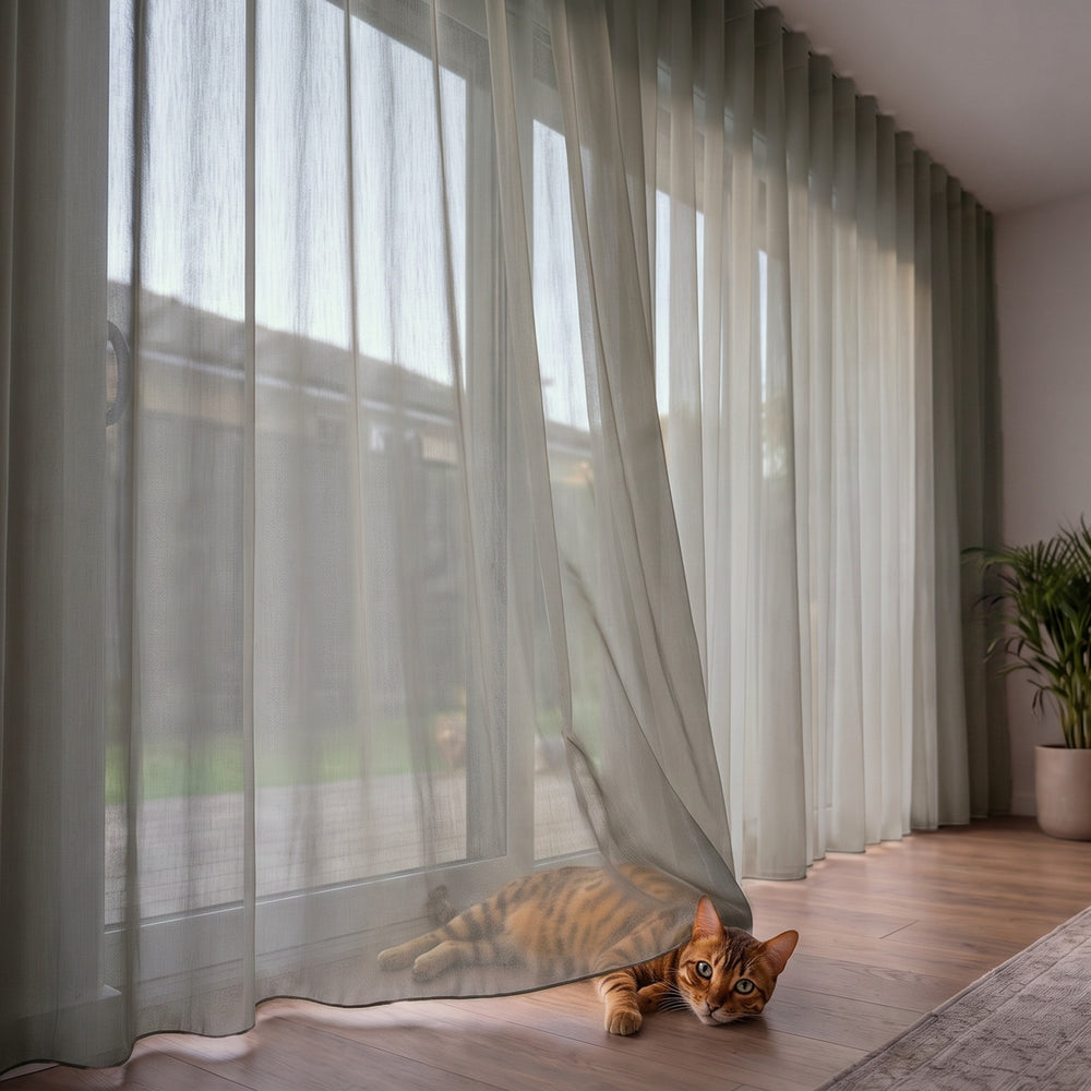 Lucern Sheer Curtain in Platinum, S-fold on a ceiling track