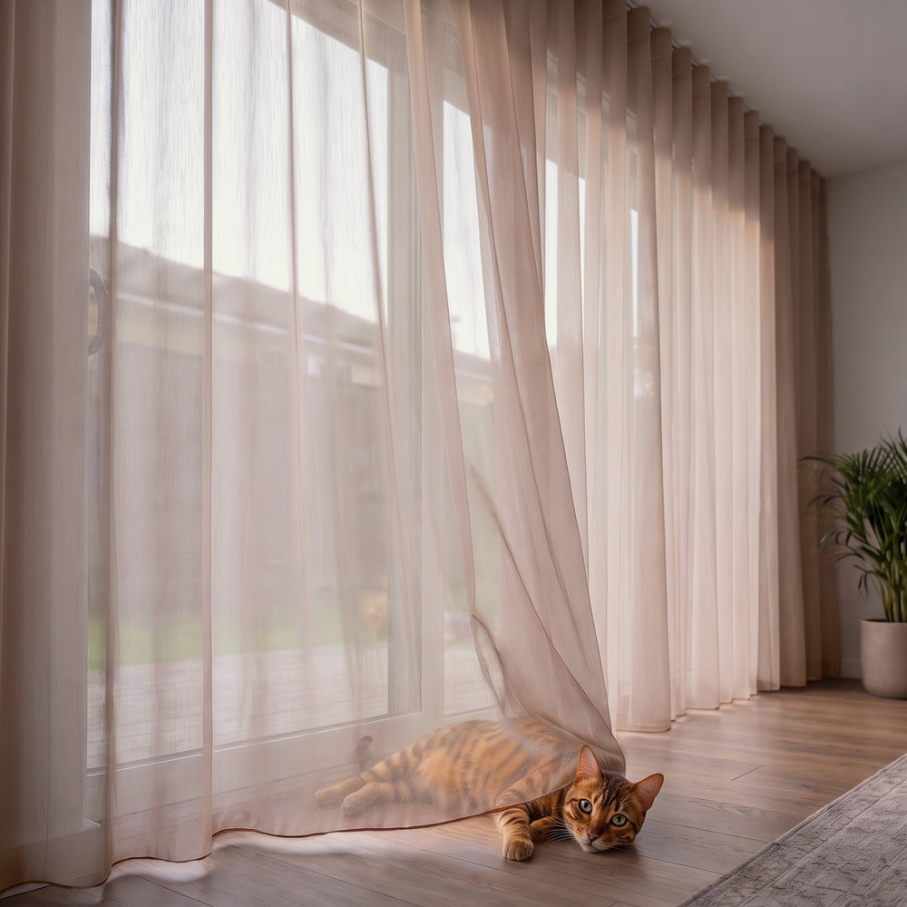 Lucern Sheer Curtain in Rose, S-fold on a ceiling track