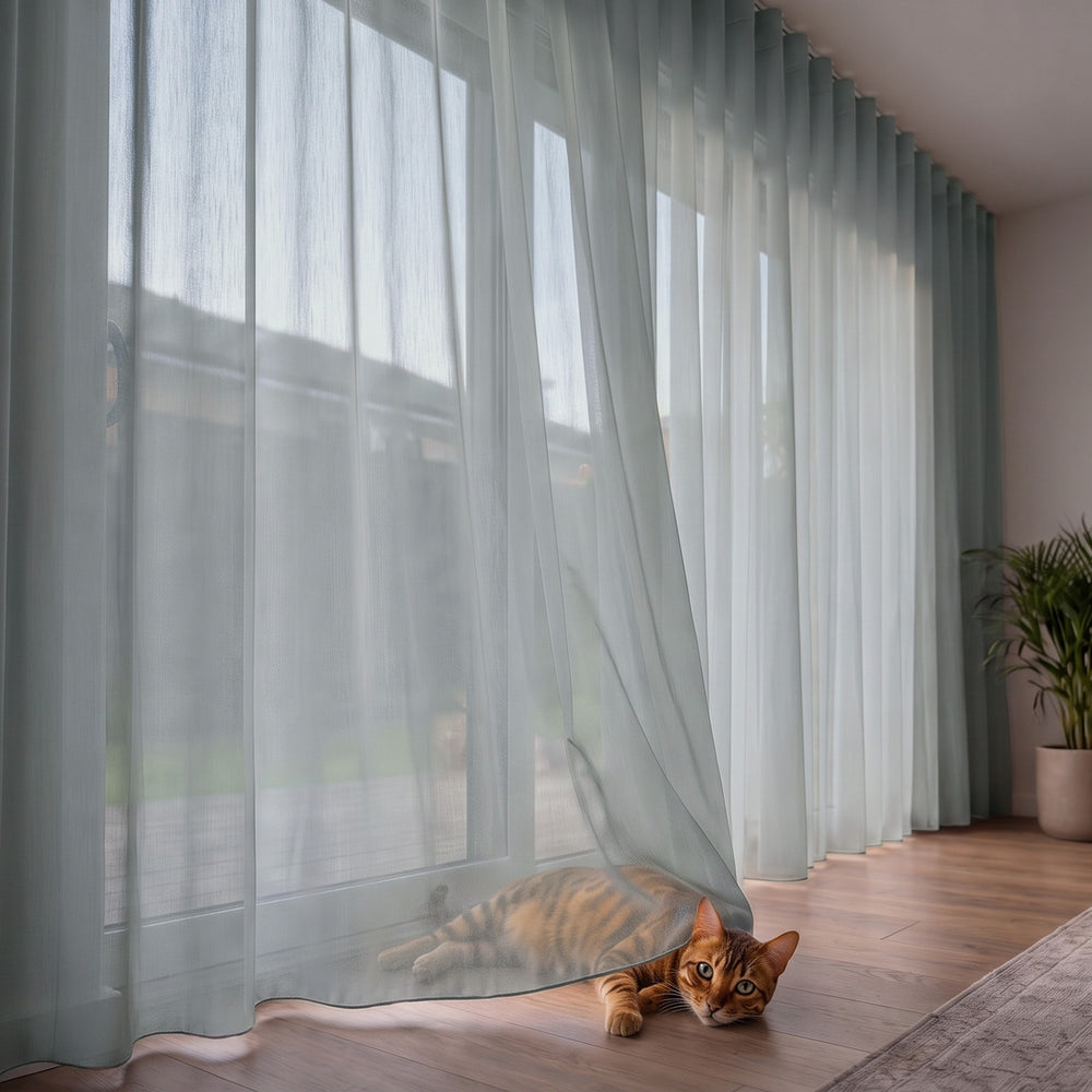 Lucern Sheer Curtain in Spark, S-fold on a ceiling track