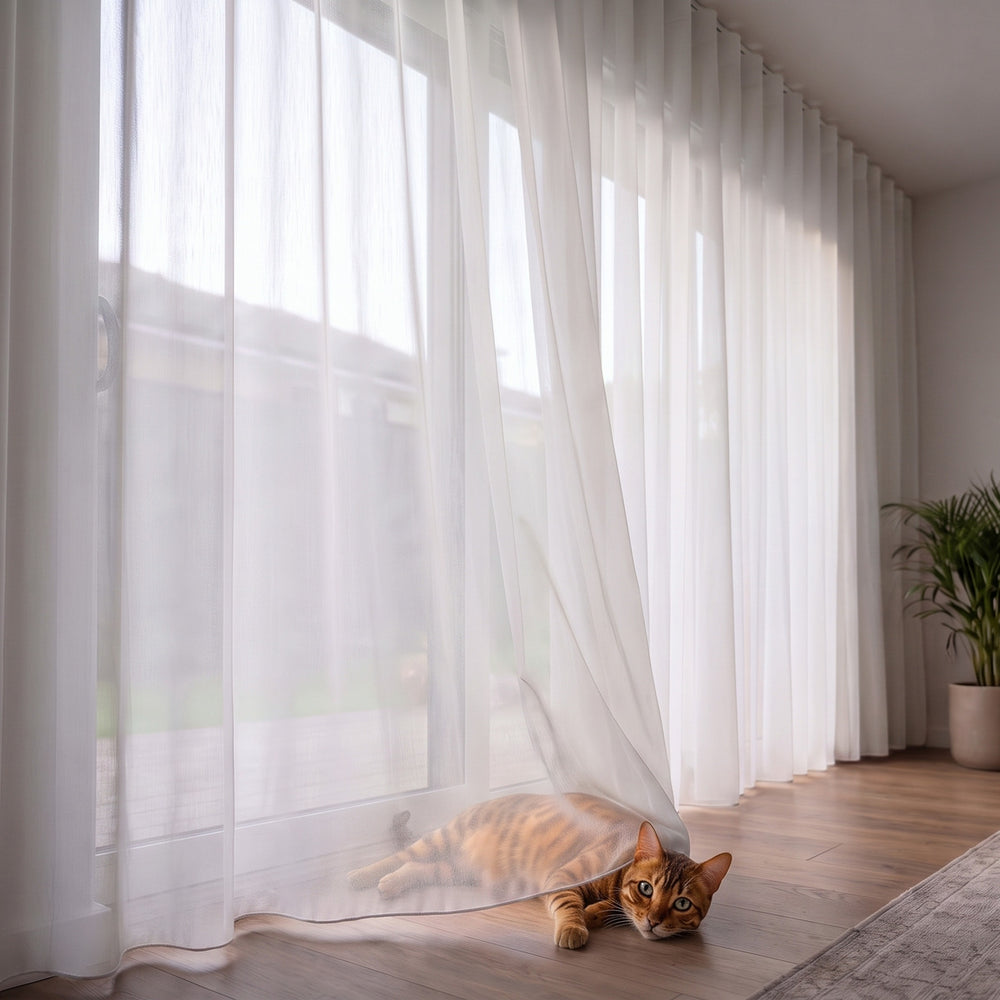 Lucern Sheer Curtain in White, S-fold on a ceiling track