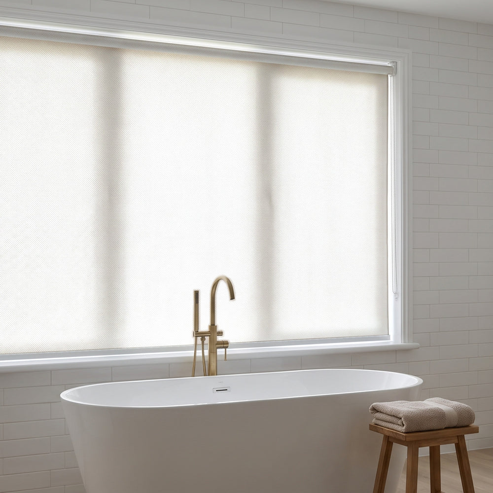 Metroshade Light Filtering Roller Blind in Dove White, recess fitted in a bathroom window