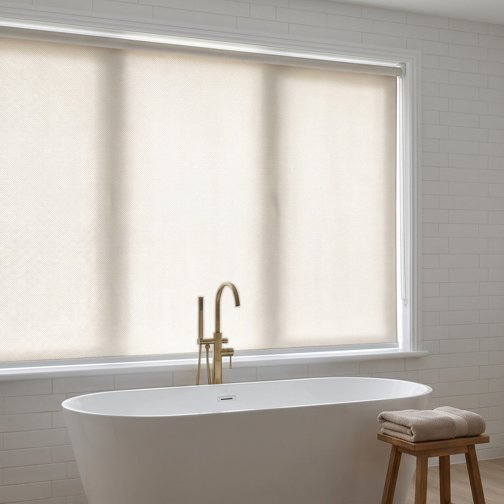 Metroshade Light Filtering Roller Blind in Ecru, recess fitted in a bathroom window