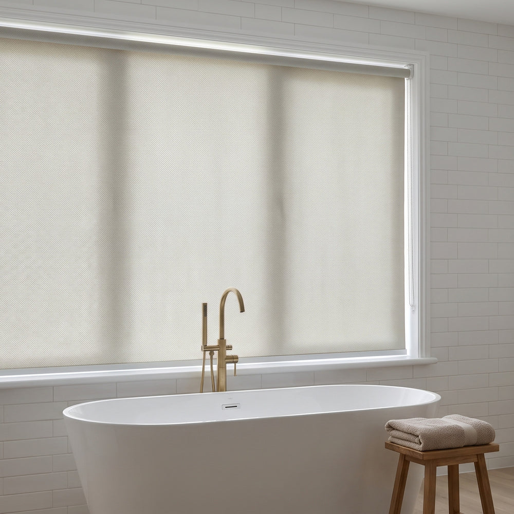 Metroshade Light Filtering Roller Blind in Moonstone, recess fitted in a bathroom window