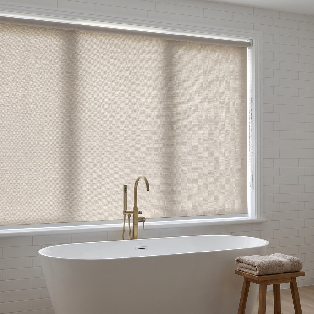 Metroshade Light Filtering Roller Blind in Nougat, recess fitted in a bathroom window