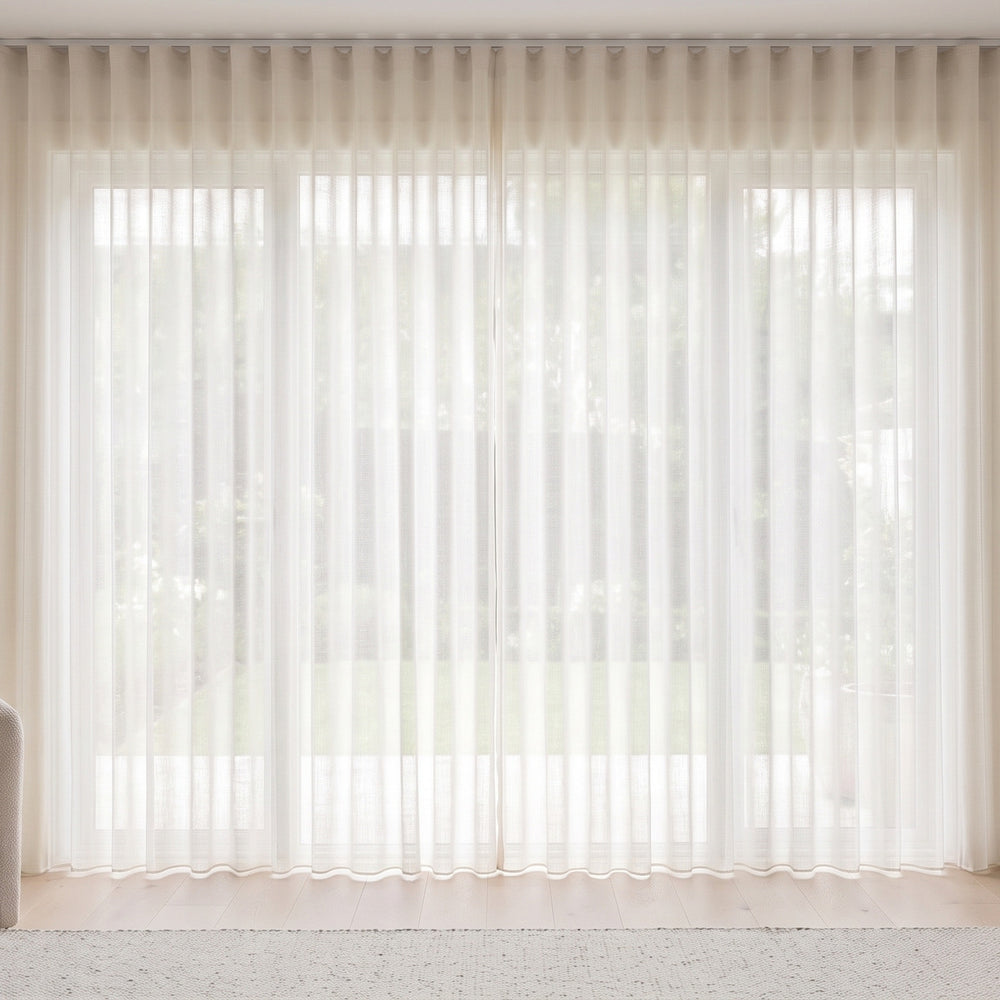 Odin Sheer Curtain in Alabaster, S-fold on a ceiling track