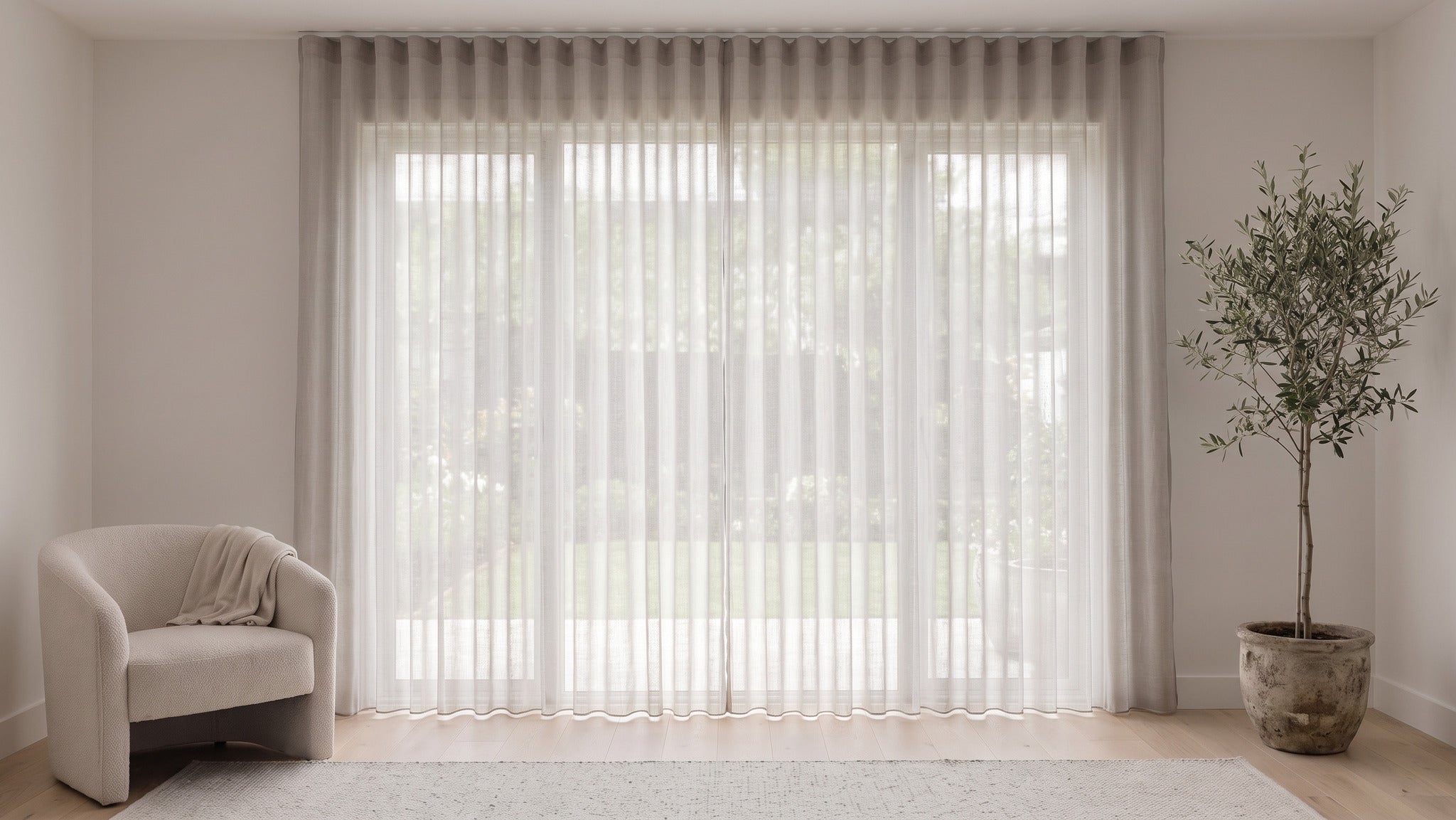 Odin Sheer Curtain in Ash, S-fold on a ceiling track
