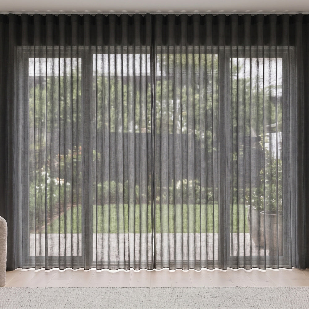 Odin Sheer Curtain in Ebony, S-fold on a ceiling track