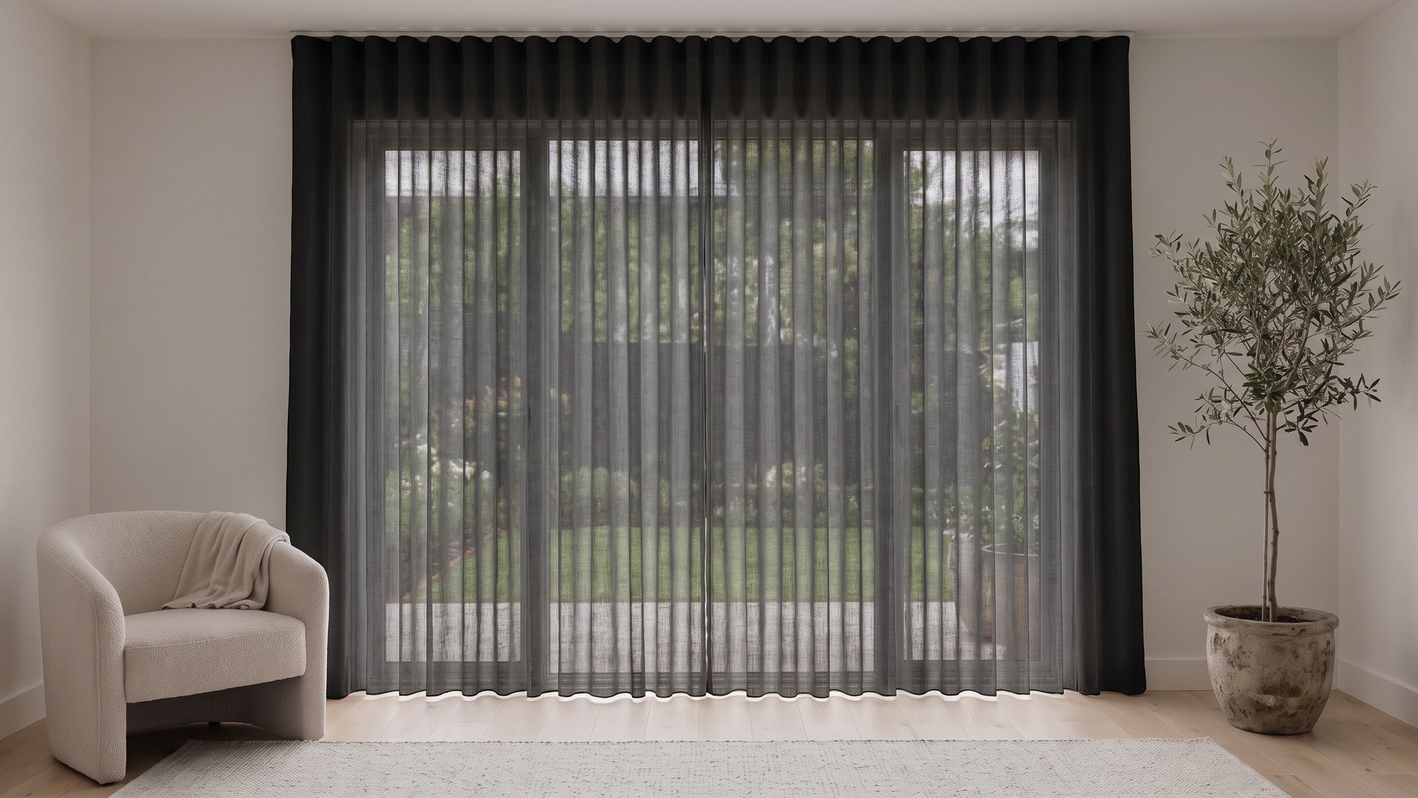 Odin Sheer Curtain in Granite, S-fold on a ceiling track
