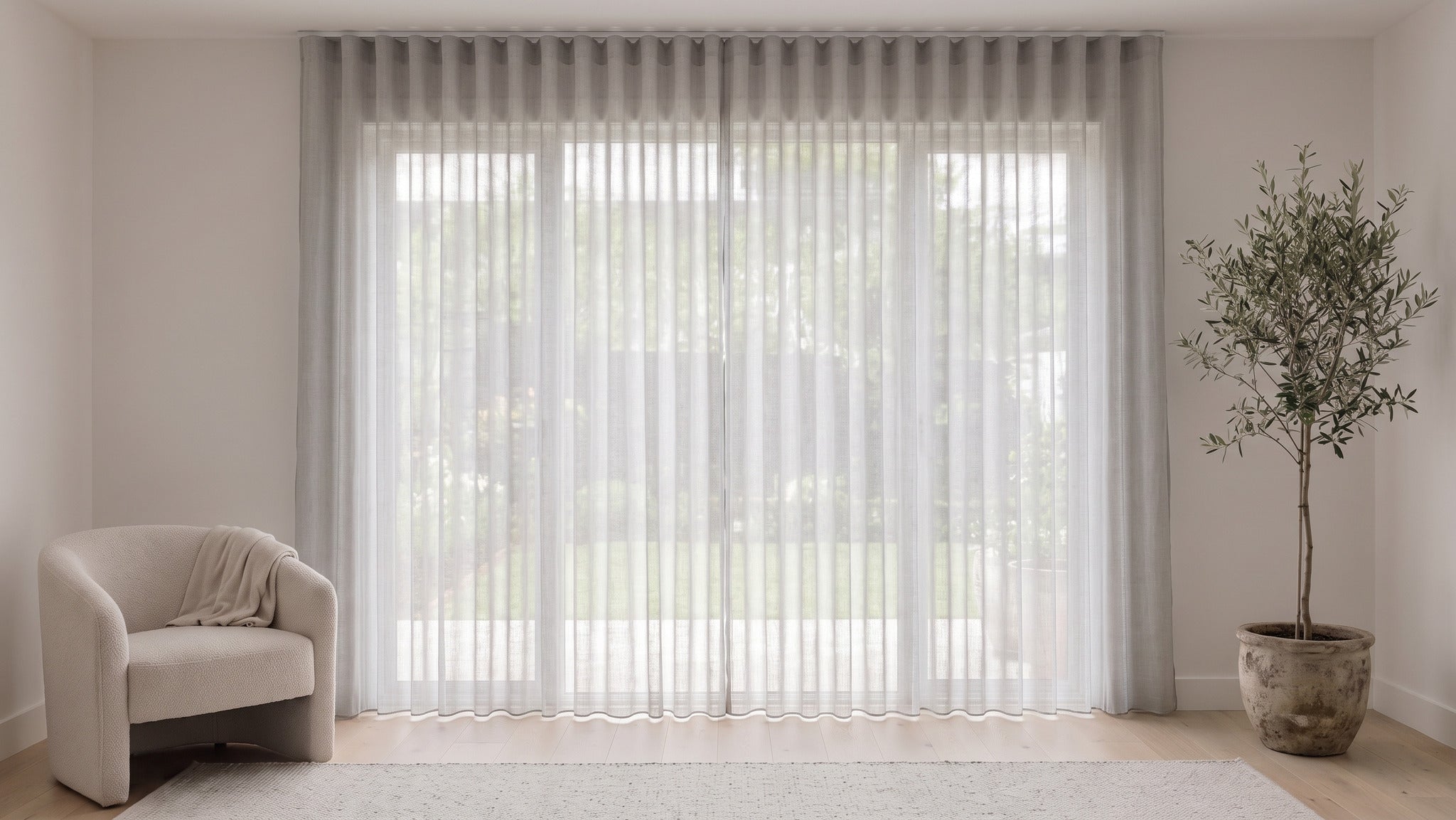 Odin Sheer Curtain in Linen, S-fold on a ceiling track