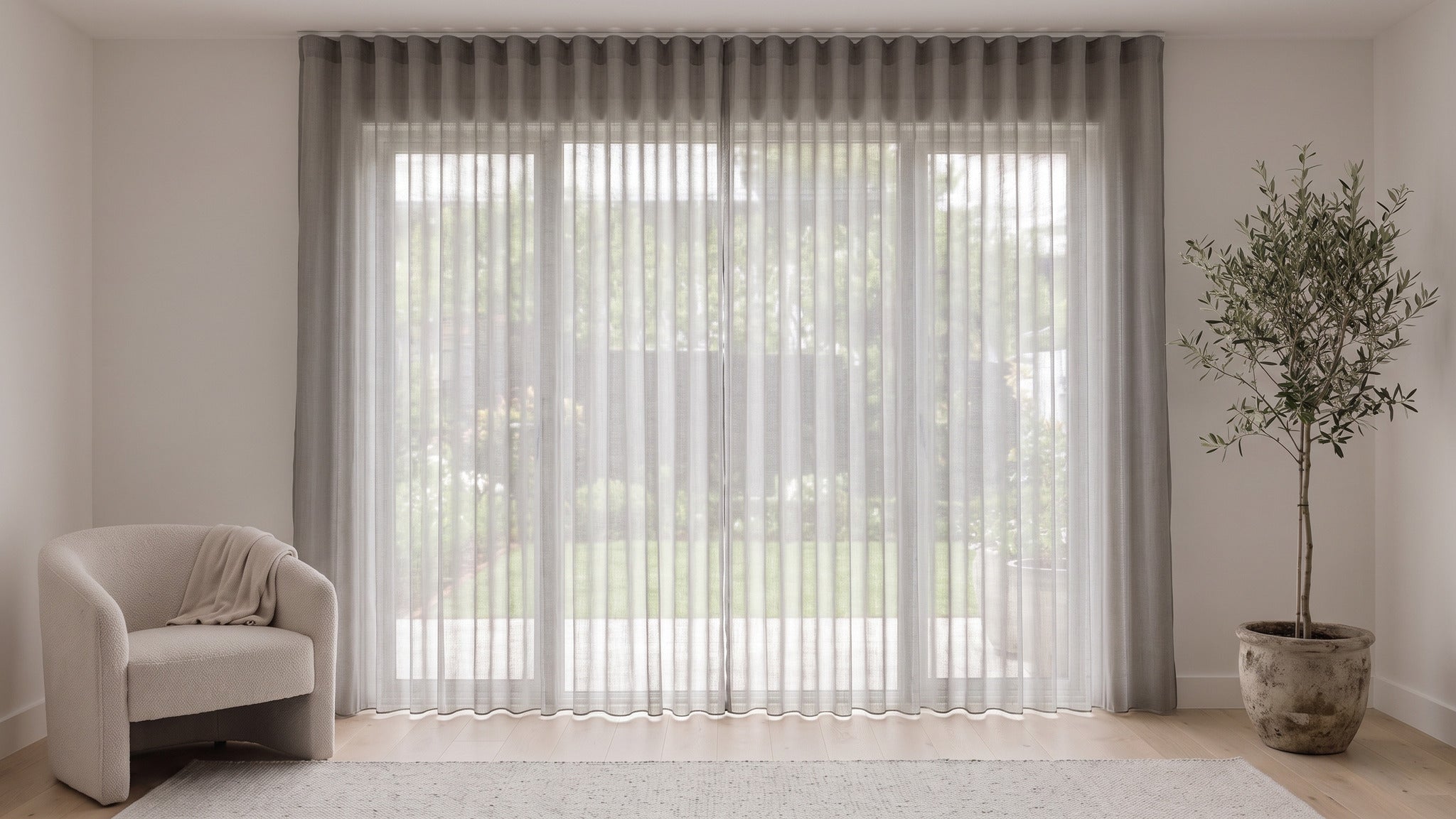 Odin Sheer Curtain in Mink, S-fold on a ceiling track