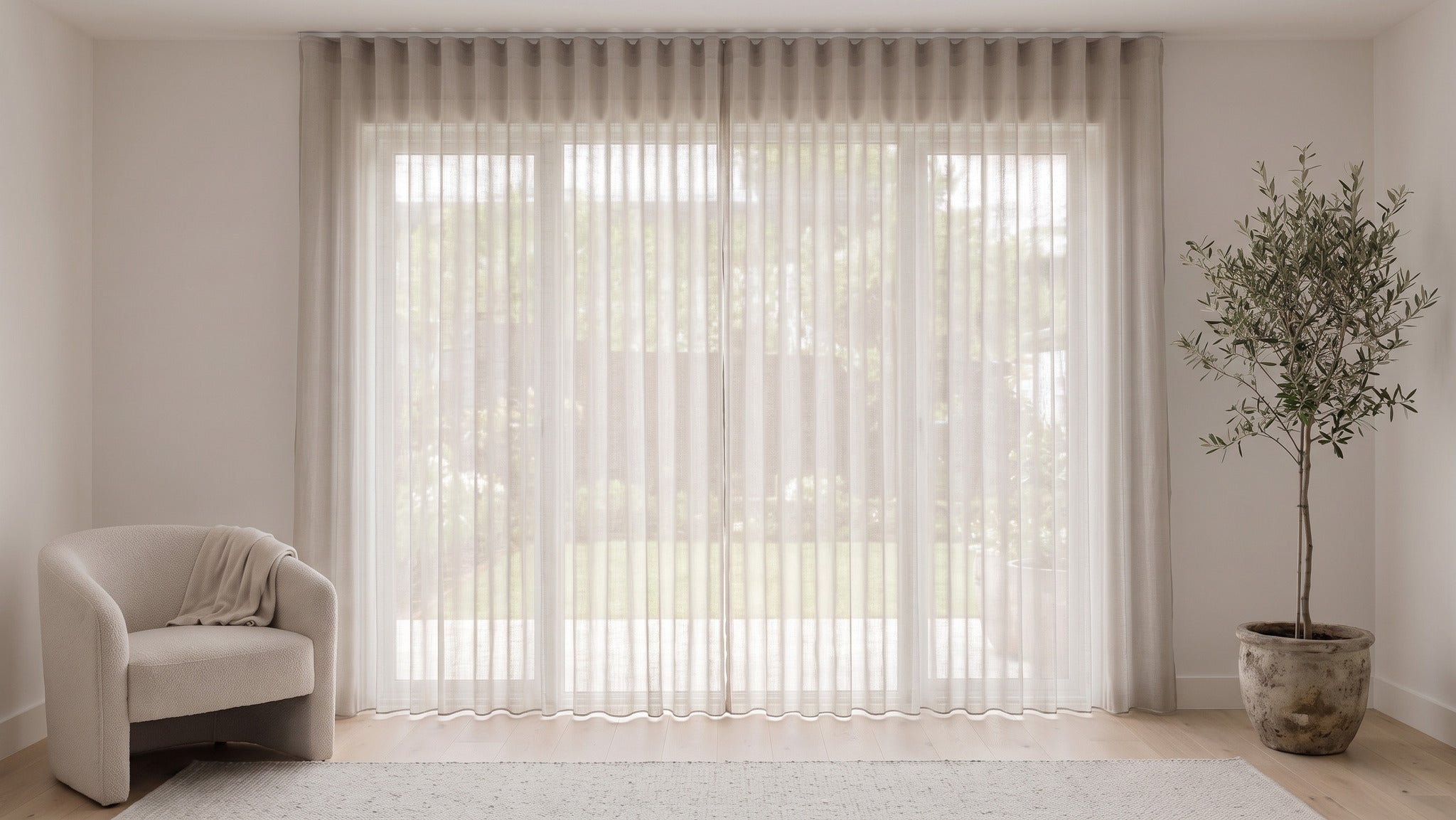 Odin Sheer Curtain in Parchment, S-fold on a ceiling track