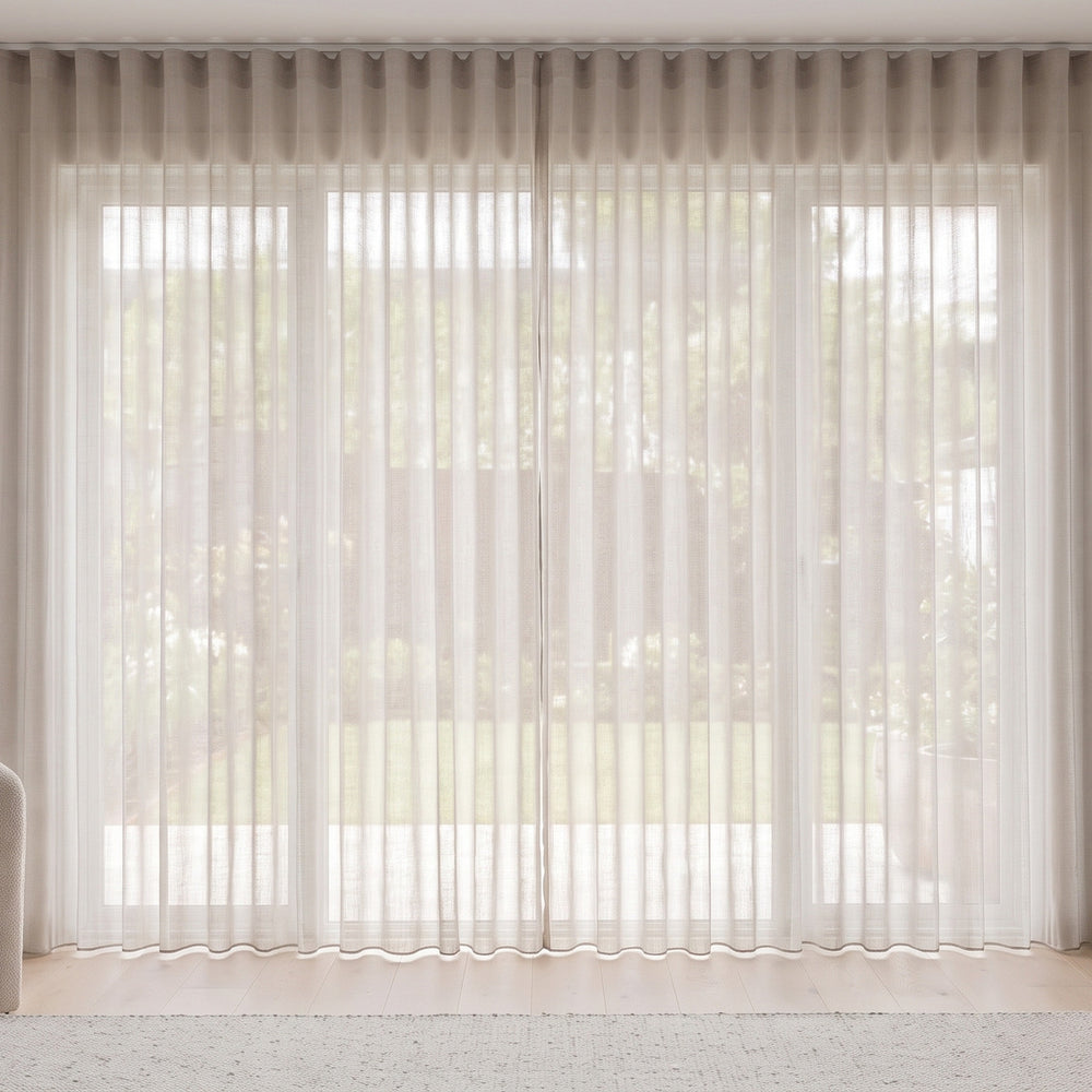 Odin Sheer Curtain in Parchment, S-fold on a ceiling track